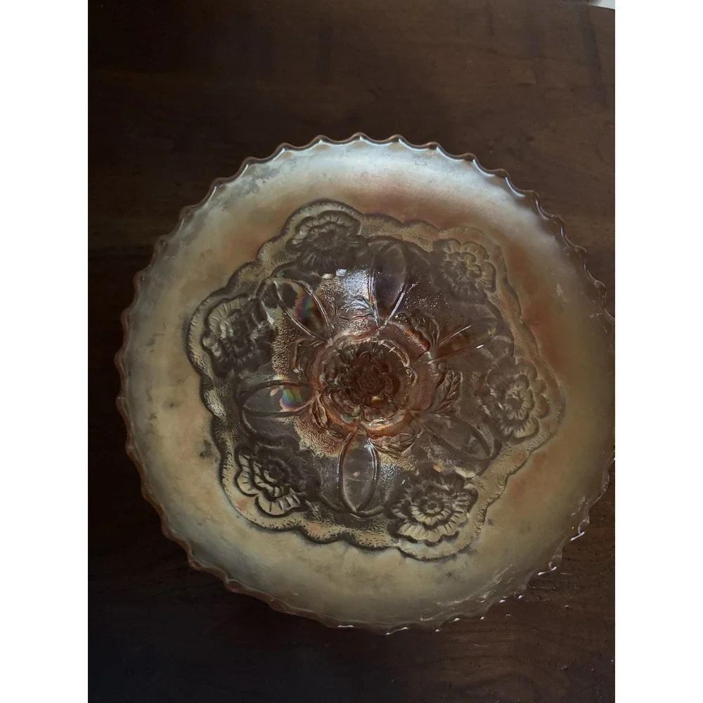 Antique Dugan Marigold Carnival Glass Double Stem Rose Ruffled Bowl 8.5 In